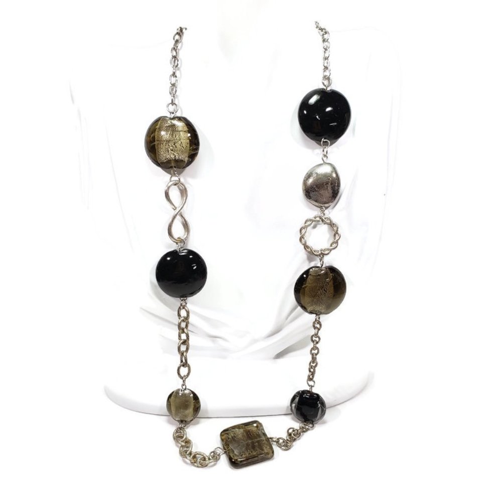 Silver Tone Black Gray Beaded Necklace Long